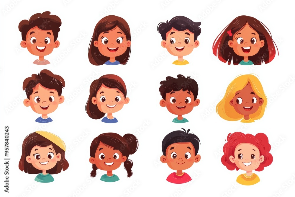 Happy kids avatars. Cute children smiling, boy girl in rounds vector set. Illustration girl and boy avatar, happy kids, child happiness Happy kids avatars. Cute children smiling, boy girl in rounds vector set. Illustration girl and boy avatar, happy kids, child happiness