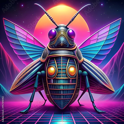 A futuristic. stylized 3D illustration of a Balmain bug. rendered in vibrant neon colors against a retro inspired backdrop. photo