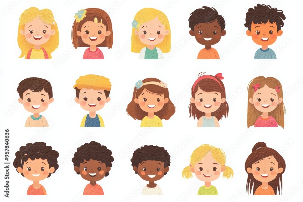 Set of children avatars. Bundle of smiling faces of boys and girls with different hairstyles, skin colors and ethnicities. Colorful flat vector illustration isolated on white background Set of children avatars. Bundle of smiling faces of boys and girls with different hairstyles, skin colors and ethnicities. Colorful flat vector illustration isolated on white background
