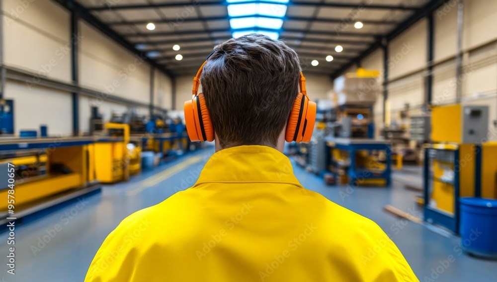 A worker wearing protective earmuffs in an industrial factory A worker wearing protective earmuffs in an industrial factory