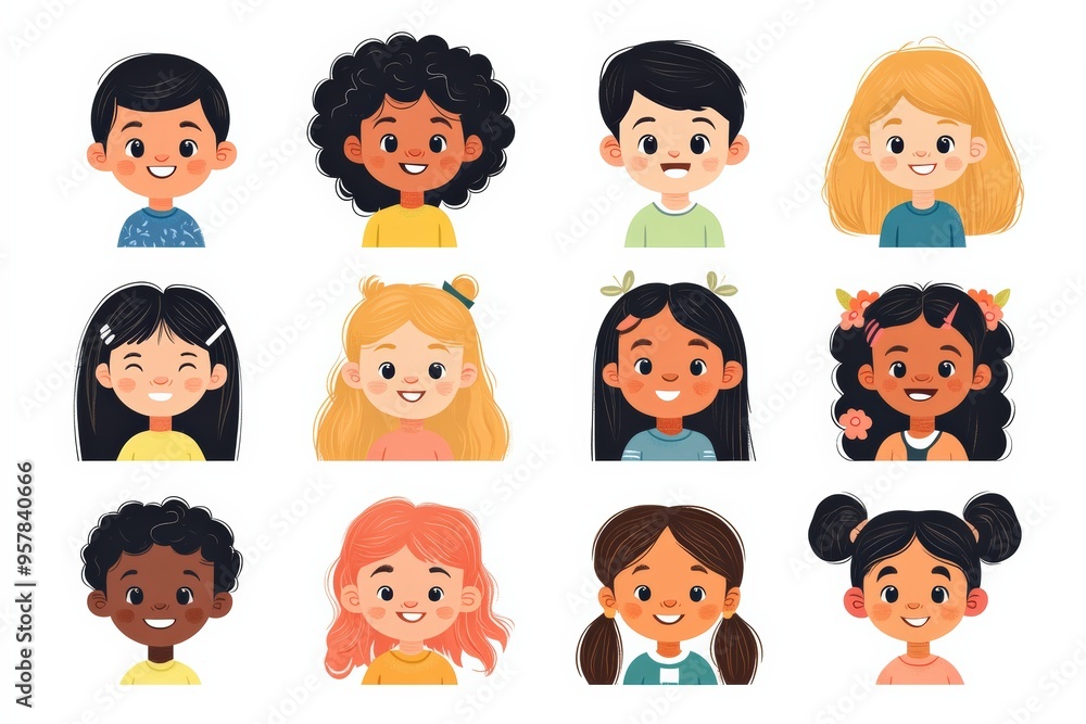 Set of children avatars. Bundle of smiling faces of boys and girls with different hairstyles, skin colors and ethnicities. Colorful flat vector illustration isolated on white background Set of children avatars. Bundle of smiling faces of boys and girls with different hairstyles, skin colors and ethnicities. Colorful flat vector illustration isolated on white background