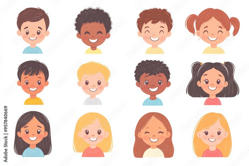 Set of children avatars. Bundle of smiling faces of boys and girls with different hairstyles, skin colors and ethnicities. Colorful flat vector illustration isolated on white background Set of children avatars. Bundle of smiling faces of boys and girls with different hairstyles, skin colors and ethnicities. Colorful flat vector illustration isolated on white background