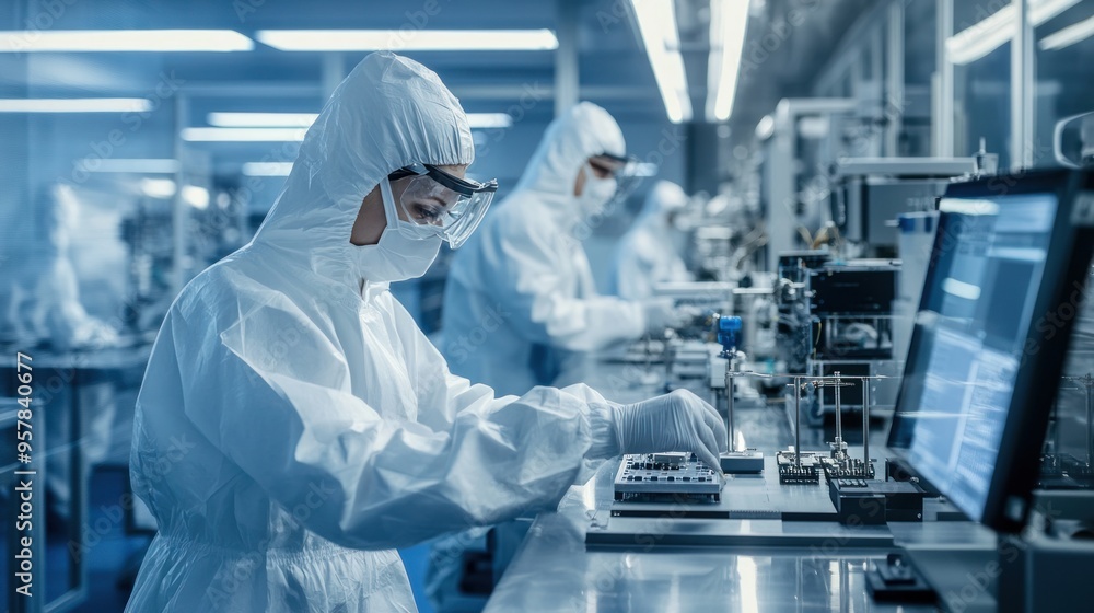 Microelectronics production in a cleanroom, workers in protective clothing handling delicate components, high-tech equipment and sterile environment Microelectronics production in a cleanroom, workers in protective clothing handling delicate components, high-tech equipment and sterile environment