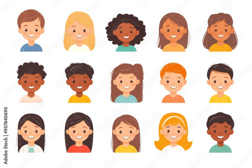 Set of children avatars. Bundle of smiling faces of boys and girls with different hairstyles, skin colors and ethnicities. Colorful flat vector illustration isolated on white background Set of children avatars. Bundle of smiling faces of boys and girls with different hairstyles, skin colors and ethnicities. Colorful flat vector illustration isolated on white background