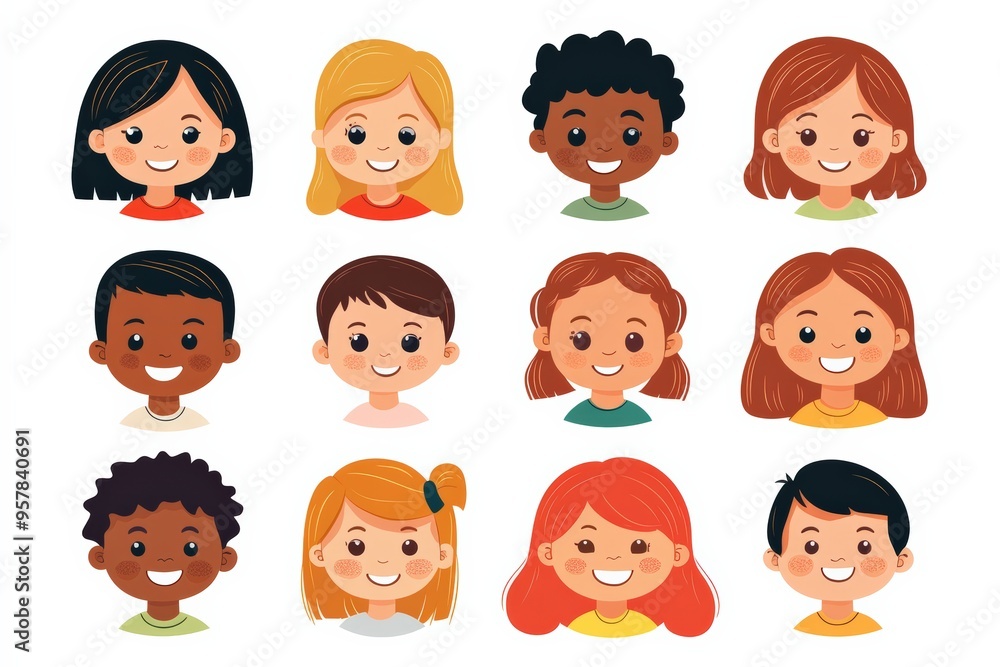 Set of children avatars. Bundle of smiling faces of boys and girls with different hairstyles, skin colors and ethnicities. Colorful flat vector illustration isolated on white background Set of children avatars. Bundle of smiling faces of boys and girls with different hairstyles, skin colors and ethnicities. Colorful flat vector illustration isolated on white background