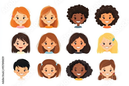 Set of children avatars. Bundle of smiling faces of boys and girls with different hairstyles, skin colors and ethnicities. Colorful flat vector illustration isolated on white background 