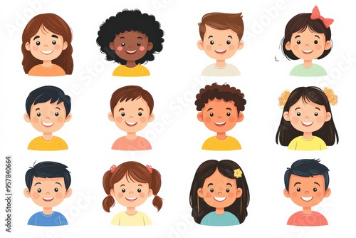 Set of children avatars. Bundle of smiling faces of boys and girls with different hairstyles, skin colors and ethnicities. Colorful flat vector illustration isolated on white background 