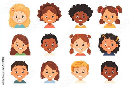Set of children avatars. Bundle of smiling faces of boys and girls with different hairstyles, skin colors and ethnicities. Colorful flat vector illustration isolated on white background 