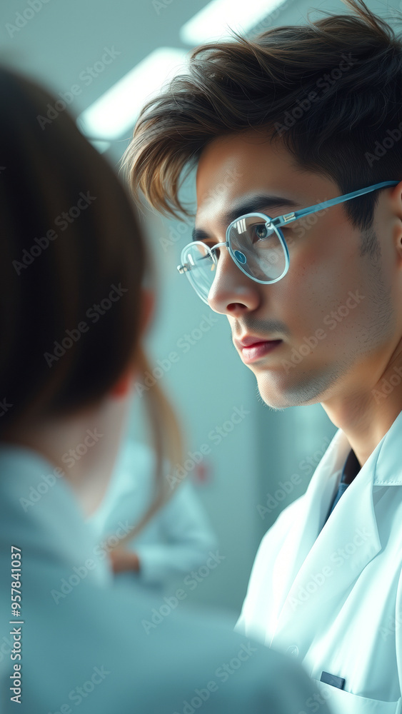 Young Doctor in Lab Coat Looking Off-Camera Young Doctor in Lab Coat Looking Off-Camera