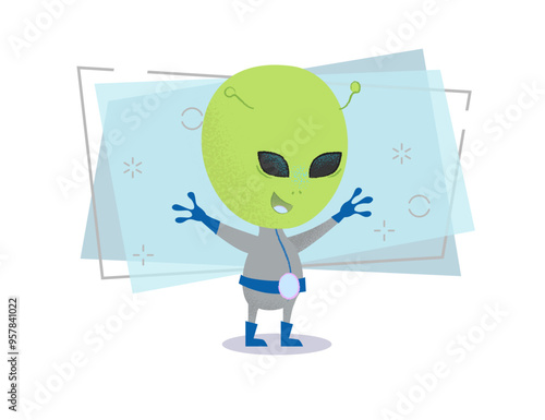Smiling friendly alien with two horns on his head. Humanoid, monster, creature. Can be used for topics like space, galaxy, science fiction
