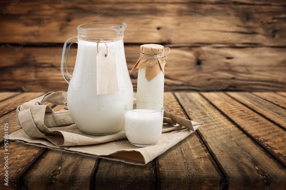 Fresh Milk in glass bottle, farm elements Fresh Milk in glass bottle, farm elements