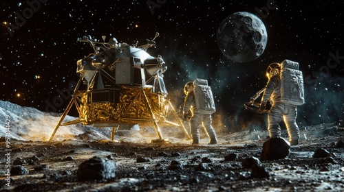 Moon landing scene with lunar module and astronauts collecting samples, lunar rocks and dust, emphasis on exploration and discovery