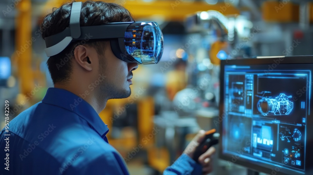 Overview of augmented reality in a high-tech factory, workers using AR to enhance accuracy and streamline processes, advanced technology environment Overview of augmented reality in a high-tech factory, workers using AR to enhance accuracy and streamline processes, advanced technology environment