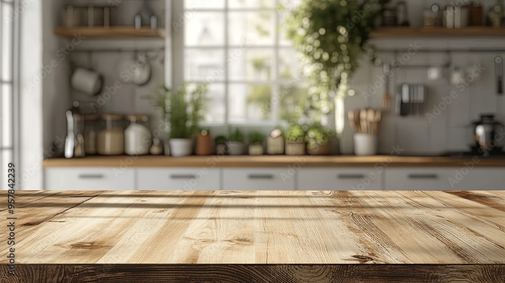 Home background with a blurry kitchen interior and wooden desk area Home background with a blurry kitchen interior and wooden desk area