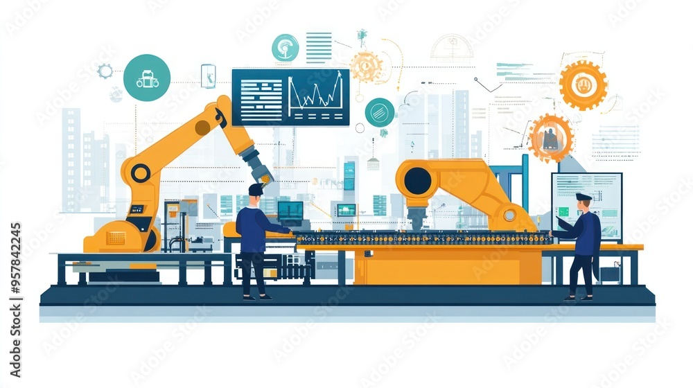 Overview of a factory using data analytics to optimize production, workers and digital tools in perfect harmony, focus on innovation Overview of a factory using data analytics to optimize production, workers and digital tools in perfect harmony, focus on innovation