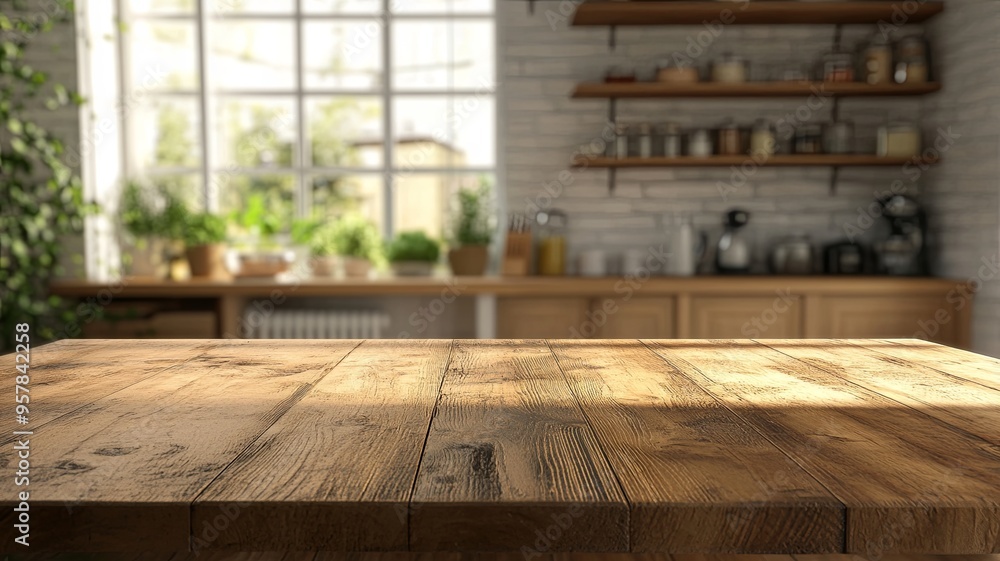 Home background with a blurry kitchen interior and wooden desk area Home background with a blurry kitchen interior and wooden desk area
