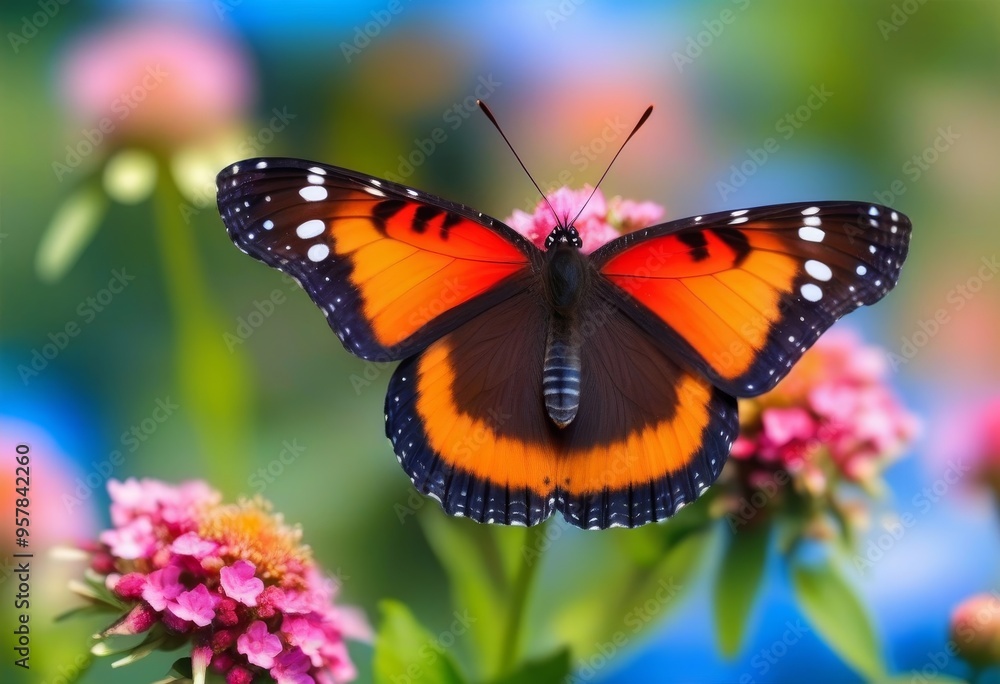 A close-up photo of a butterfly sitting on a flower with a blurred blue background A close-up photo of a butterfly sitting on a flower with a blurred blue background