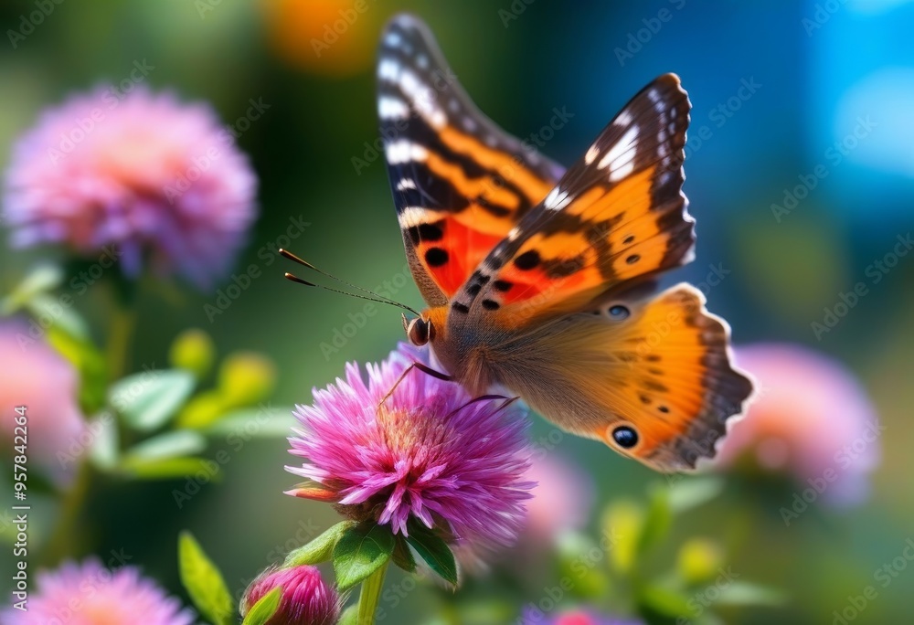 A close-up photo of a butterfly sitting on a flower with a blurred blue background A close-up photo of a butterfly sitting on a flower with a blurred blue background