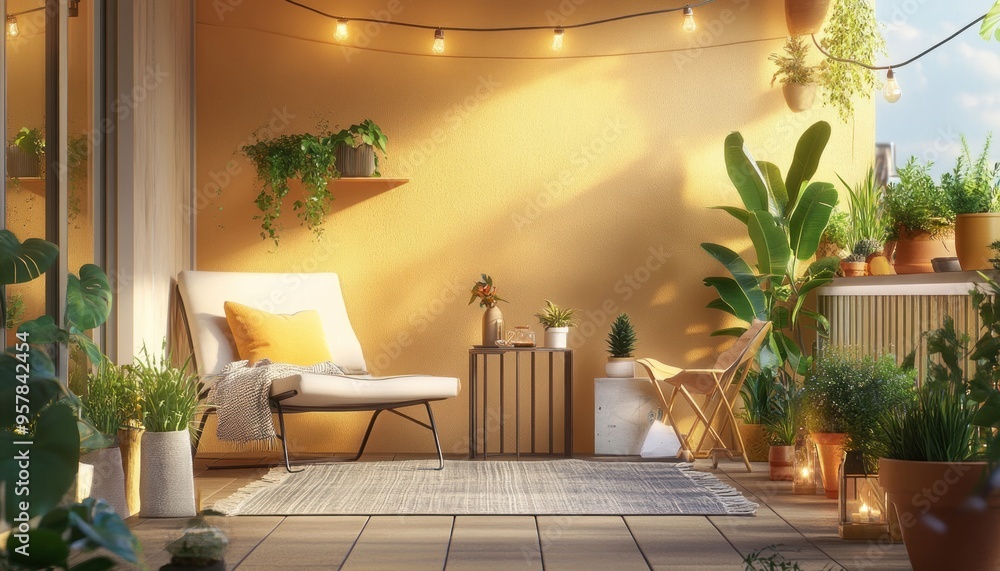 Chic urban balcony with bistro set, succulents, and string lights 4. Generative AI Chic urban balcony with bistro set, succulents, and string lights 4. Generative AI
