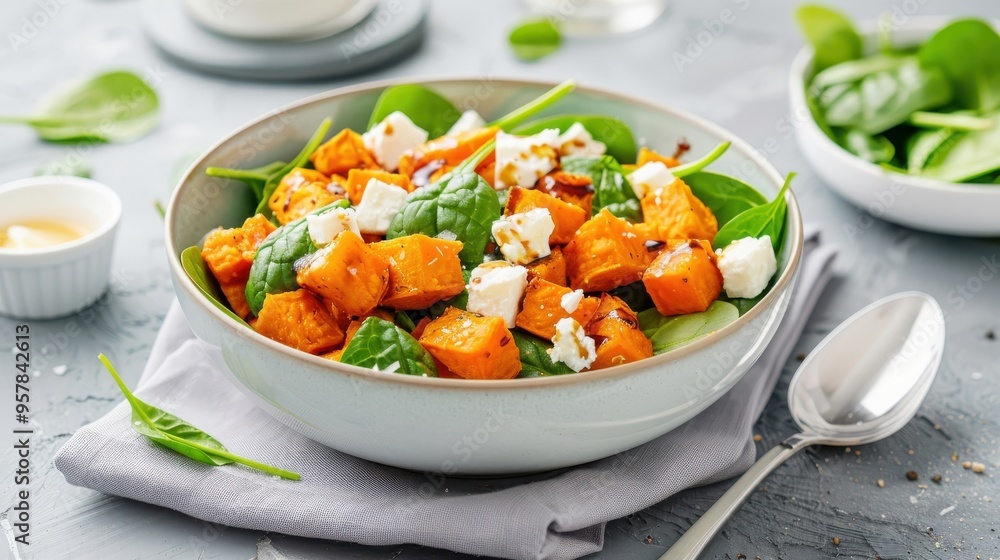 A salad bowl with roasted sweet potato cubes, spinach, feta cheese, and balsamic glaze. A salad bowl with roasted sweet potato cubes, spinach, feta cheese, and balsamic glaze.