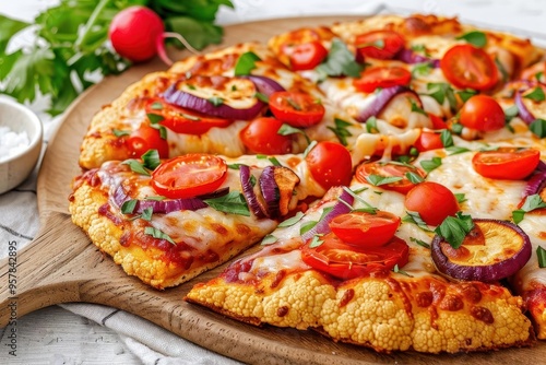 Cauliflower pizza crust topped with fresh vegetables, Cauliflower, healthy alternative