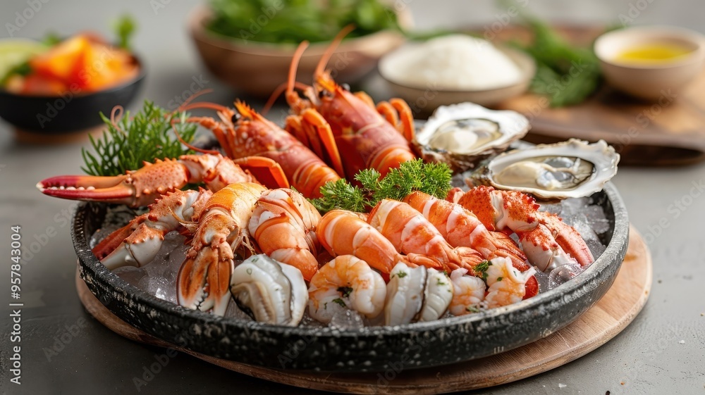 A decadent seafood platter overflowing with lobster, crab, oysters, and shrimp. A decadent seafood platter overflowing with lobster, crab, oysters, and shrimp.