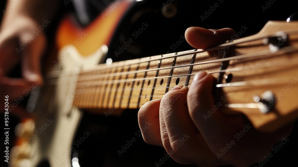 Fototapeta premium A close-up of an electric guitar fretboard with fingers playing a chord, highlighting the intricate detail of the strings and frets
