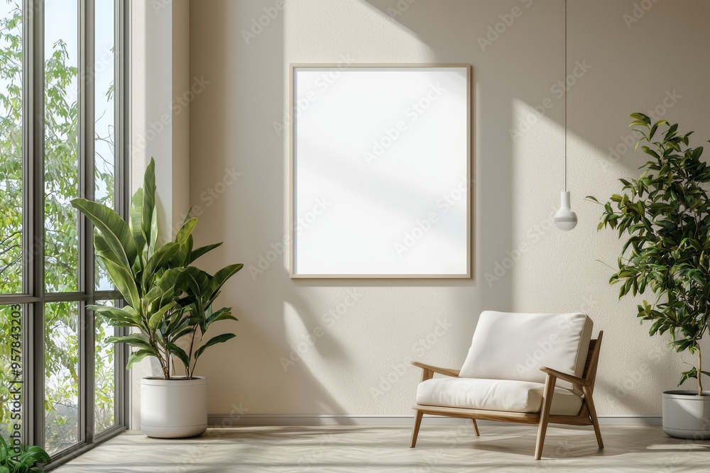 Fototapeta premium Poster Frame in Beige minimalist living room interior created with generative AI