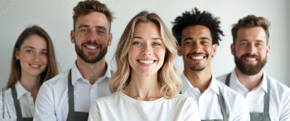 Diverse Team of Happy Employees Wearing White Shirts and Grey Aprons Diverse Team of Happy Employees Wearing White Shirts and Grey Aprons