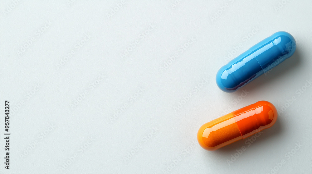 Two vibrant medicine capsules in contrasting colors are placed against a neutral background. The image represents modern healthcare, pharmaceutical science, and the complex role of medication in treat Two vibrant medicine capsules in contrasting colors are placed against a neutral background. The image represents modern healthcare, pharmaceutical science, and the complex role of medication in treat