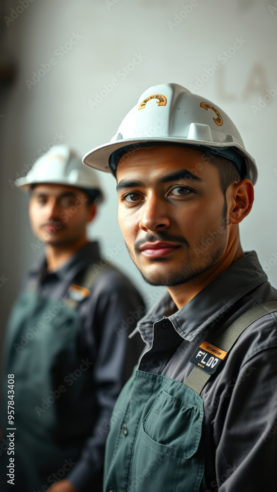 Close-up portrait of a construction worker in a hard hat Close-up portrait of a construction worker in a hard hat
