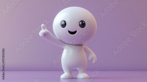 3D render of a flexible cartoon character hand with a pointing finger gesture on a light violet background.