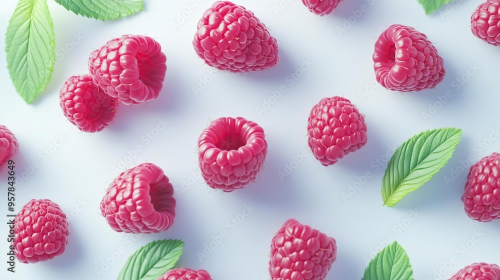 A vibrant arrangement of raspberries and mint leaves on a light background. A vibrant arrangement of raspberries and mint leaves on a light background.