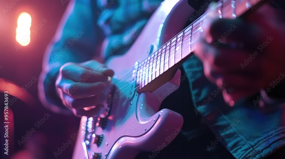 Obraz premium A guitarist performing at a small venue, with a focus on the energy and passion of live music
