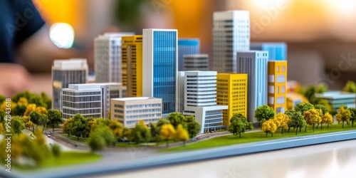 Close-Up of Urban Model with Buildings and Greenery #957843618