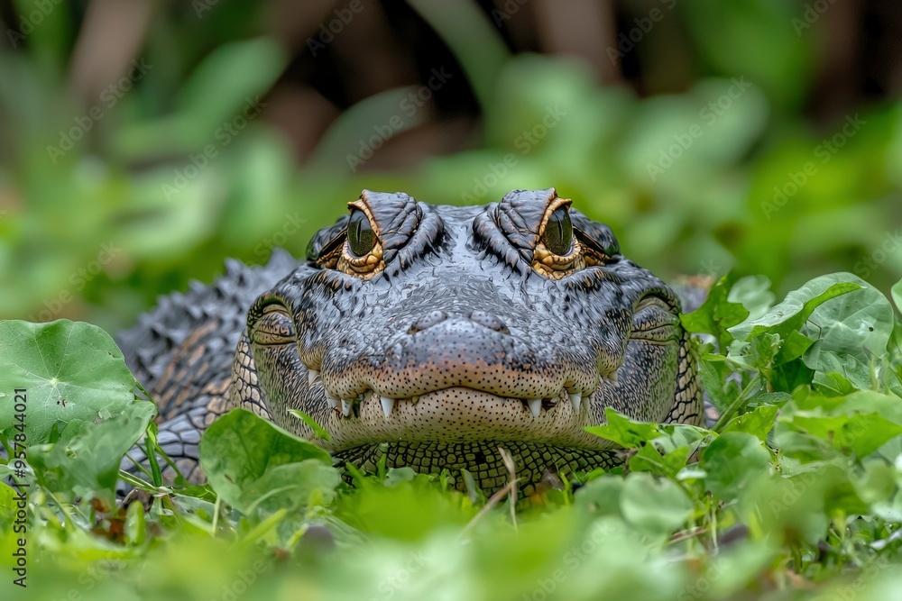 Fototapeta premium Close-up of an American Alligator's Head Peeking Through Lush Green Vegetation