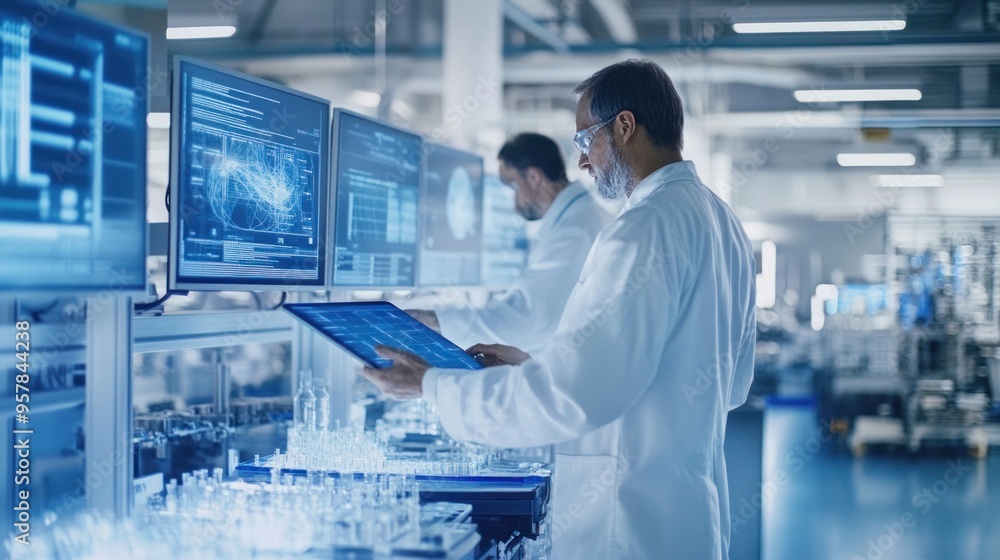 Scene of senior engineers in a factory environment, integrating new technologies into manufacturing processes, focus on innovation and expertise Scene of senior engineers in a factory environment, integrating new technologies into manufacturing processes, focus on innovation and expertise