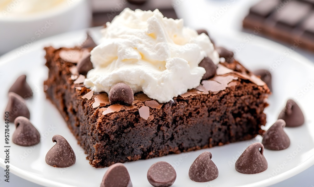 Dark Chocolate Brownie and chocolate chips with whipped cream on top, Generative AI Dark Chocolate Brownie and chocolate chips with whipped cream on top, Generative AI