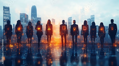 Wallpaper Mural A cultural exchange network with people from various ethnic backgrounds, each person holding a glowing holographic icon representing their culture, connected by radiant digital lines, Torontodigital.ca