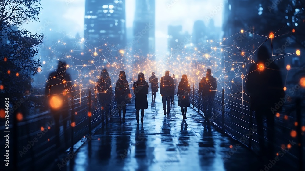Fototapeta premium A digital bridge glowing with energy, connecting people from different cultures across a global landscape, each person linked by luminous lines of communication, set against a dark,
