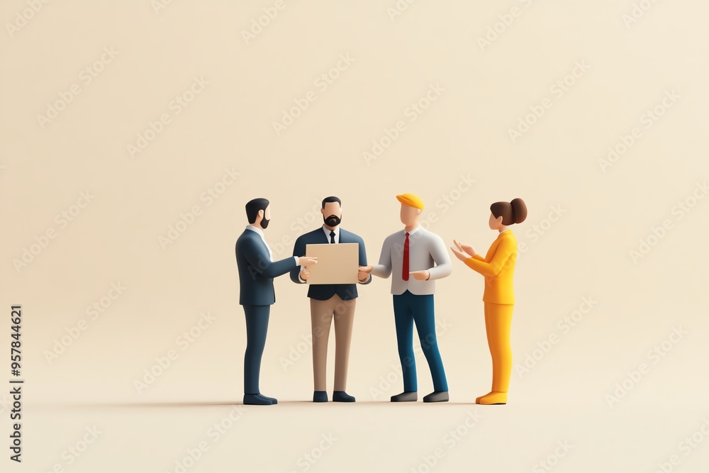 Four business figures discussing and collaborating, holding a sign on a minimalist background, representing teamwork and partnership. Four business figures discussing and collaborating, holding a sign on a minimalist background, representing teamwork and partnership.