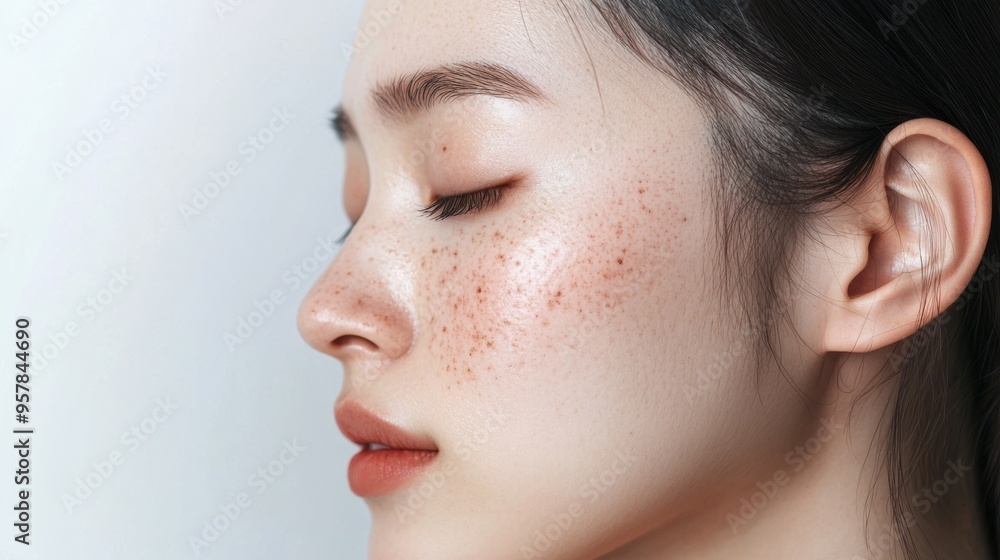 Obraz premium Photos of Asian, Korean, and Japanese women's faces showing their problematic and clean faces without blemishes, before and after photos for advertisements for skin care products and cosmetics.