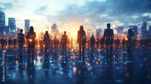 A digital global village illuminated by glowing communication lines, with diverse people from various countries connected in a web of light, set against a dark,