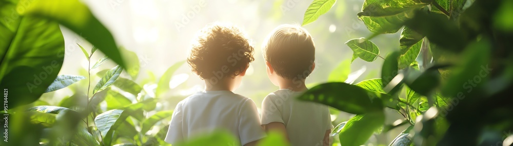 Two children exploring nature together in a lush green forest under the warm sunlight, embracing the essence of childhood and adventure. Two children exploring nature together in a lush green forest under the warm sunlight, embracing the essence of childhood and adventure.