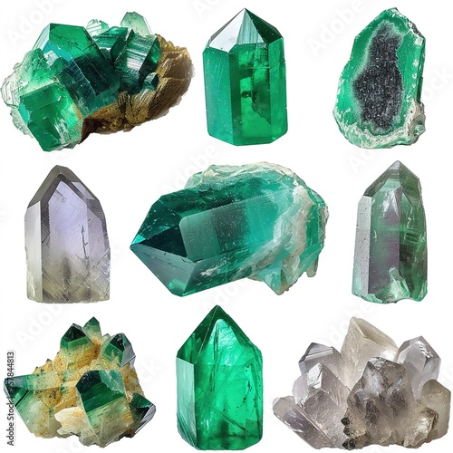 Collection of colorful emerald spiritual healing green virid crystals isolated over transparent photo