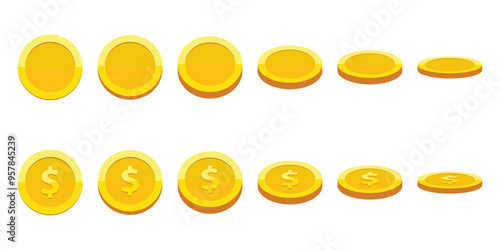 Set of rotating gold coins isolated on a white background. Set of icons of gold coins rotating in different angles for animation. Set of gold coins. Dollars. Flat vector illustration.