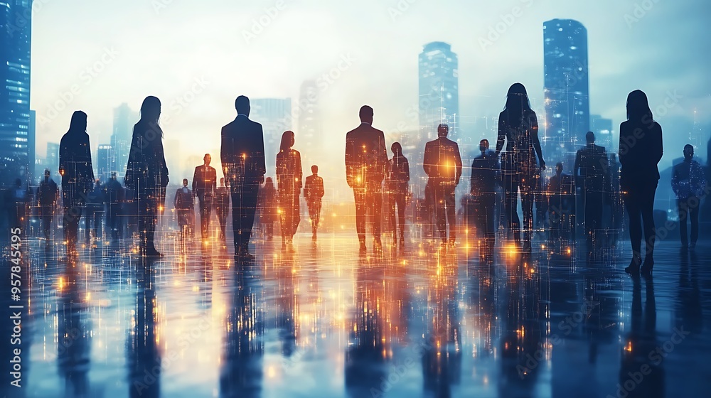 A diverse group of multinational people standing in a circle, connected by glowing digital lines, symbolizing global teamwork, with a futuristic cityscape in the background, vibrant colors, A diverse group of multinational people standing in a circle, connected by glowing digital lines, symbolizing global teamwork, with a futuristic cityscape in the background, vibrant colors,