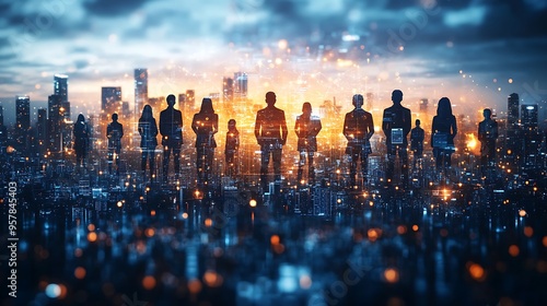 Wallpaper Mural A digital world map with luminous continents, where individuals from different cultures stand connected by glowing lines, set against a dark background filled with data streams, dynamic composition, Torontodigital.ca