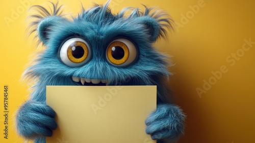 3D render of a funny hairy yeti toy, a blue monster hiding behind a white board. Clip art isolates on a yellow background. The abstract cartoon character stands with a blank page mockup.