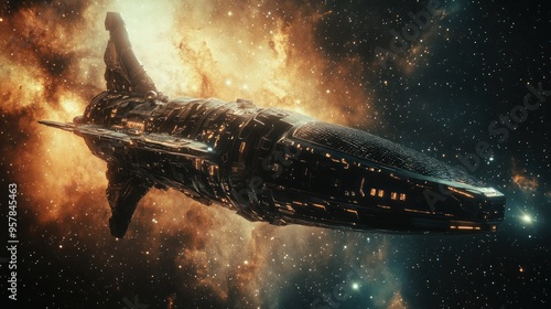 Spacecraft, futuristic design with solar sails, navigating through space, emphasis on technology and innovation, distant stars in the background